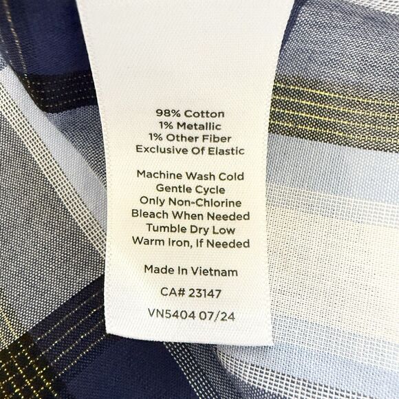 Talbots Smocked Top 1X Tinsel Tartan Plaid Blue White Gold 3/4 Sleeve Plus Size - Picture 7 of 10